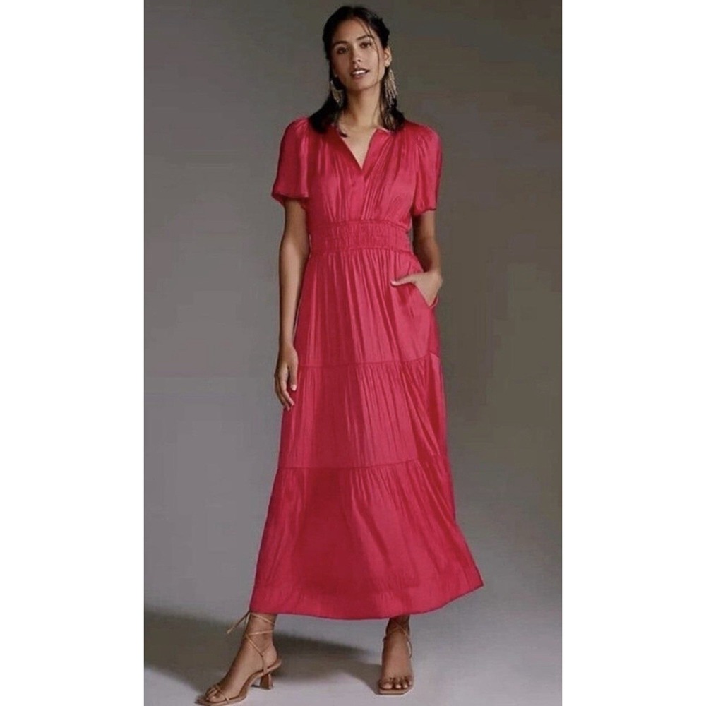 Anthropologie The Somerset Maxi Dress M Pink V Neck Flutter Sleeve OB1523591